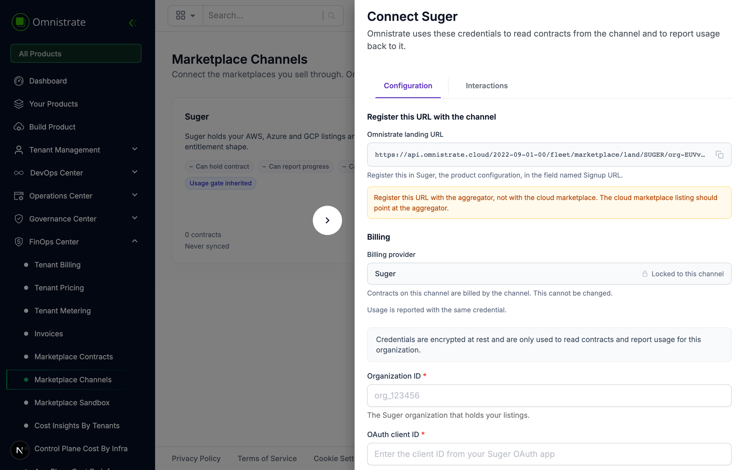 The Suger connect drawer, showing the landing URL to register